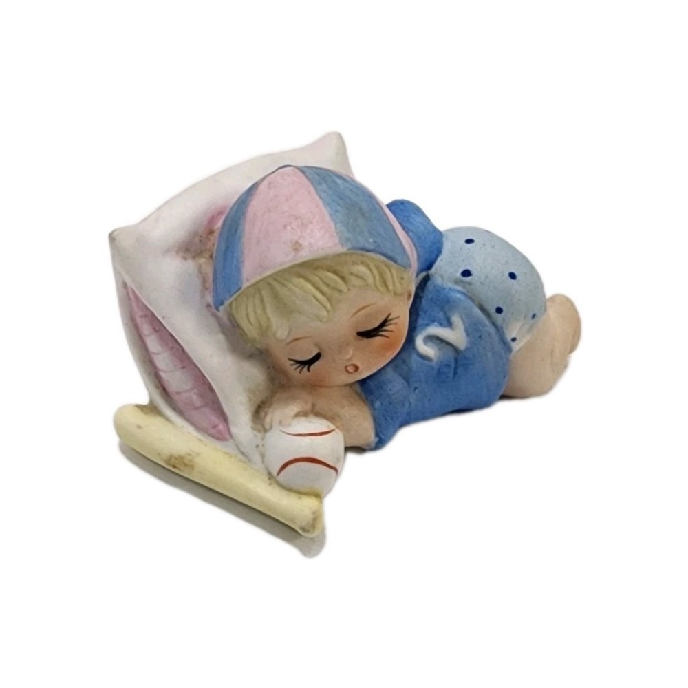 Vtg Lefton Baseball Baby Sleeping On Pillow Hand Painted Bisque Porcelain - Picture 2 of 8